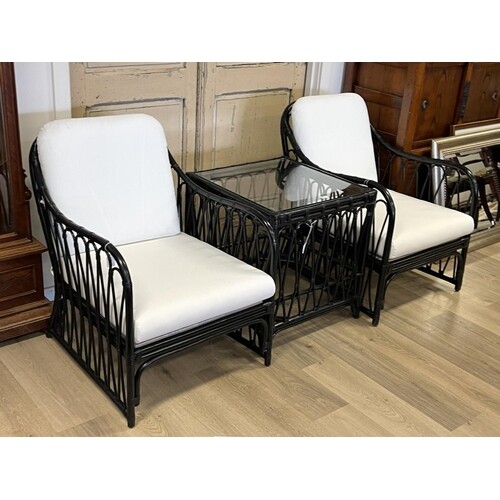 Modern three piece black lacquer cane suite, comprising a pa...