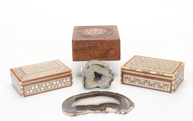 Mother of Pearl Inlaid, Carved and Mosaic Wooden Boxes With Geode Specimens