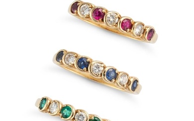 NO RESERVE - A SET OF THREE SAPPHIRE, RUBY, EMERALD AND DIAMOND RINGS set with round cut sapphires