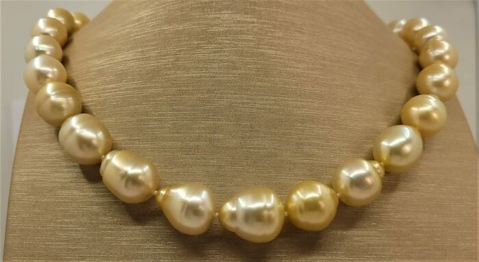 NO RESERVE - LARGE SIZE - 12x15mm Baroque Golden South Sea Pearls - 925 Silver - Necklace
