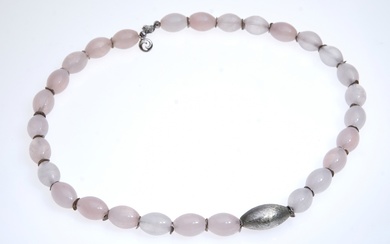 Necklace with oval rose quartz elements, silver element at the bottom centre, sterling silver 925