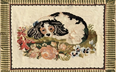 Needlepoint Rug of a Spaniel on a Bed of Flowers