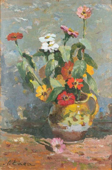 Nicu Enea, Romanian 1897-1960 - Flowers in a Jug; oil on board, signed lower left 'N. Enea', 48 x 32 cm (ARR)