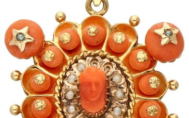No Reserve - 18K Yellow gold pendant with red coral.