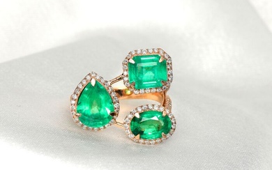 No Reserve Price-4.47 Tcw Natural Green Emerald & 0.69 Ct Diamonds - 14 kt. Pink gold - Ring Emerald - Diamonds