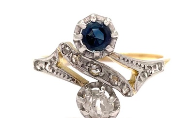 No Reserve Price - Vers 1920 - 0.25 Carat Diamants - 0.25 Carat Saphir - Ring - 18 kt. Platinum, Yellow gold