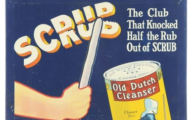 OLD DUTCH CLEANSER "SCRUB" TIN-OVER-CARDBOARD W/ HAND & CLUB GRAPHIC.
