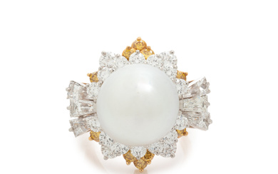OSCAR HEYMAN &amp; BROTHERS, SOUTH SEA CULTURED PEARL, DIAMOND AND COLORED DIAMOND RING