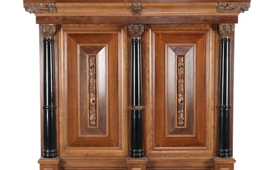 (-), Oak 2-door cushion cabinet with straight hood...