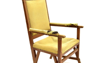 Oak arm-chair, with inverted A-legs & visible wood...