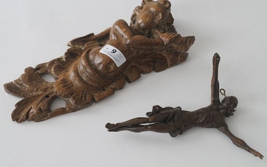 Oak putto with horn, 18th/19th century, l. 21 cm + Soft wooden Corpus Christi, 19th century (2x)