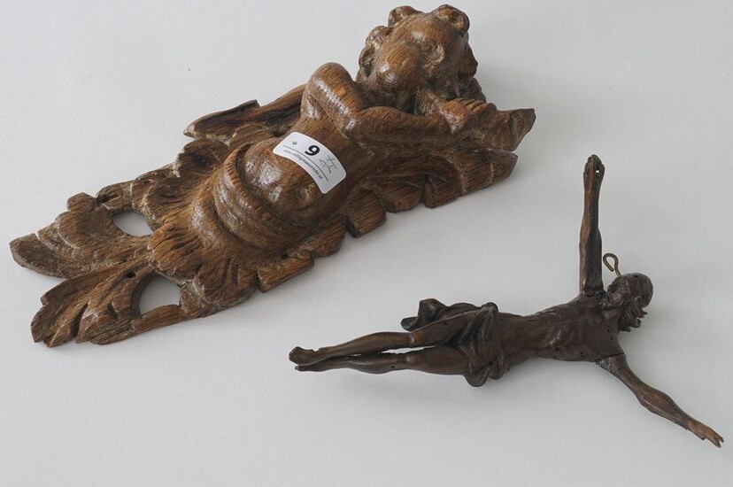 Oak putto with horn, 18th/19th century, l. 21 cm + Soft wooden Corpus Christi, 19th century (2x)