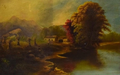 Oil on Canvas People in Lake Landscape