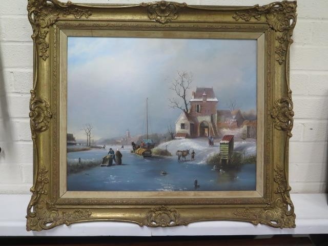 Oil on board - Dutch Winter Scene by Charles Leickert - in a...