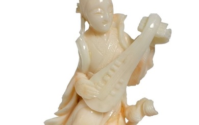 Old Chinese Carved Angelskin Coral Female Musician Statue Sculpture Figure w Wooden Base