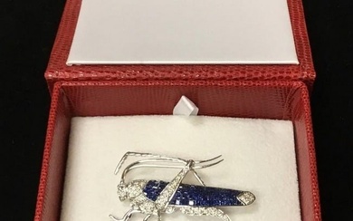One Of A Kind 18K White Gold, Hue Blue Sapphire, And Many Diamonds Top Quality Grasshopper Broach