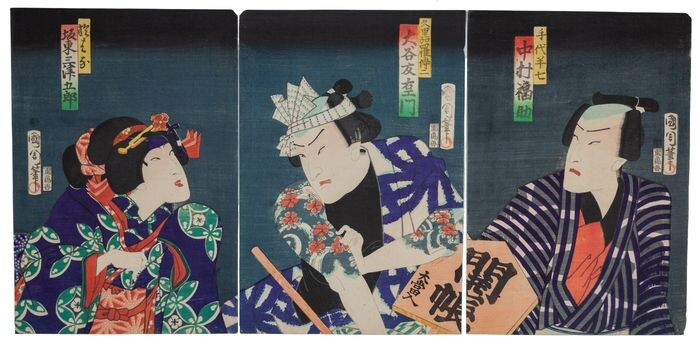 Original woodblock print triptych - Mulberry paper - Kabuki - Toyohara Kunichika (1835-1900) - Scene from the kabuki play 'Fuji to Mimasu Suehiro Soga' 富士三升扇曾我 - Japan - 1866 (Keiō 2)