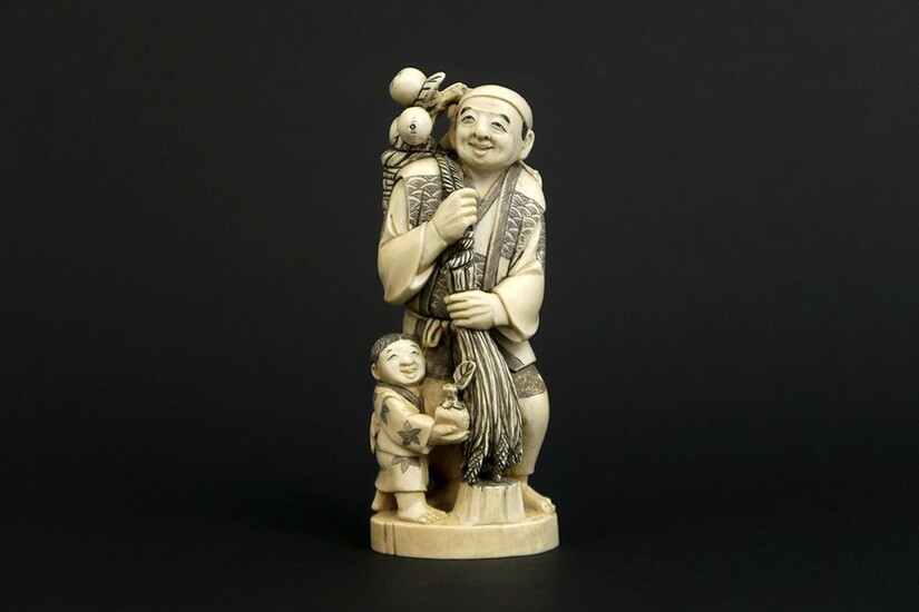 Oude Chinese sculptuur in ivoor : "Boer met kind en oogst" - hoogte : 13,5...