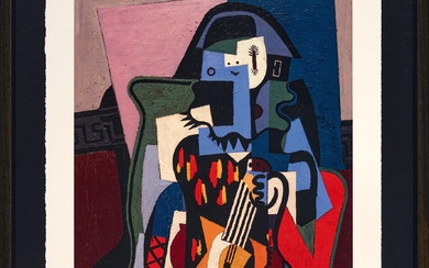 PABLO PICASSO, (1881 - 1973), Harlequin Musician, Decorative Giclee print after the original,ed. E/A, 64 x 43 cm. (25.2 x 16.9 in.), frame: 76 x 55 x 3 cm. (29.9 x 21.6 x 1.1 in.)