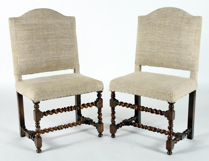 PAIR 18TH C. SIDE CHAIRS UPHOLSTERED IN RAW SILK