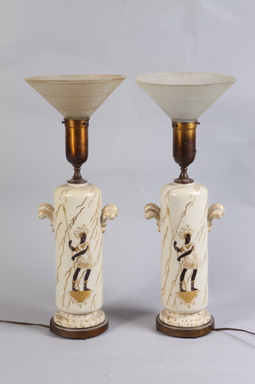 PAIR 1950S FRENCH CYLINDRICAL PORCELAIN TABLE LAMPS WITH MATCHING ORNAMENTAL...