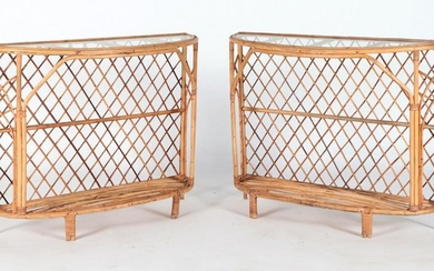 PAIR FRENCH RATTAN DEMILUNE CONSOLES MANNER ROYERE