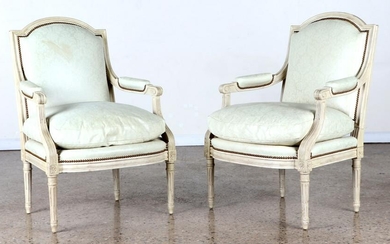 PAIR LOUIS XVI STYLE OPEN ARM CHAIRS LEATHER