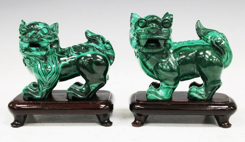 PAIR OF CHINESE MALACHITE FIGURAL LIONS