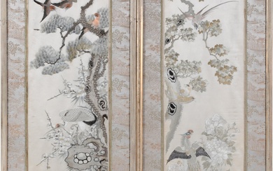 PAIR OF DECORATIVE CHINESE EMBROIDERED TAPESTRIES, FRAMED