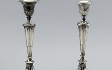 PAIR OF GEORGE III SHEFFIELD SILVER CANDLESTICKS London, 1791 Heights 11.5”.
