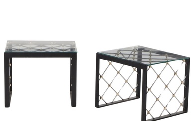 PAIR OF IRON AND BRONZE END TABLES HAVING THICK GLASS...