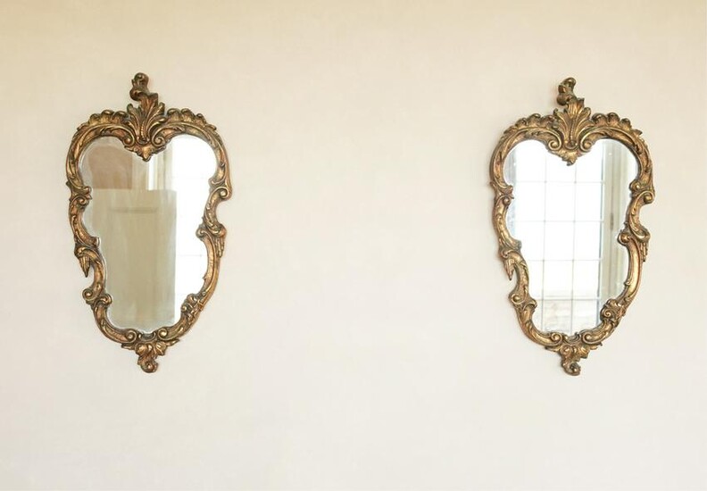 PAIR OF PETITE ROCOCO STYLE SHIELD WALL MIRRORS