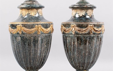 PAIR OF WEDGWOOD & BENTLEY FAUX 'PORPHYRY' STONEWARE VASES AND COVERS
