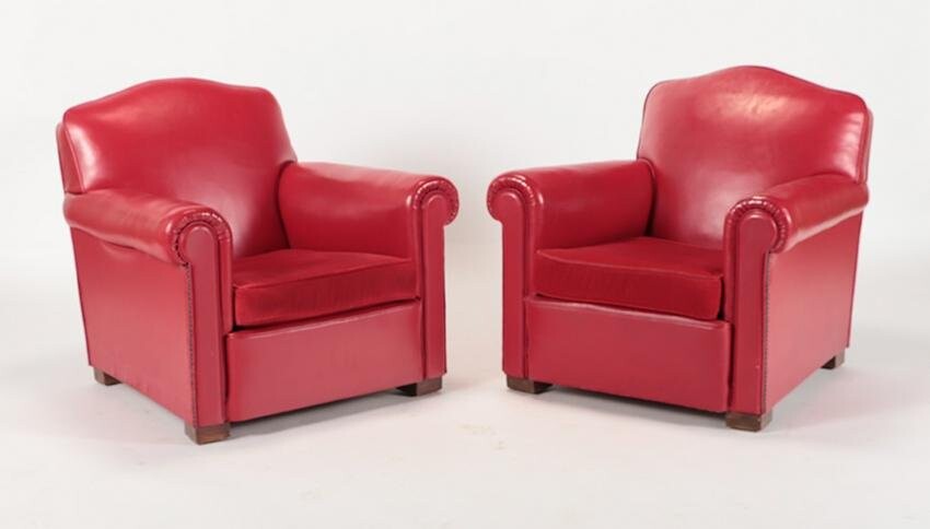 PAIR RED VINYL FRENCH ART DECO CLUB CHAIRS C.1940