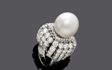 PEARL AND DIAMOND RING, BY WEBB, ca. 1970.