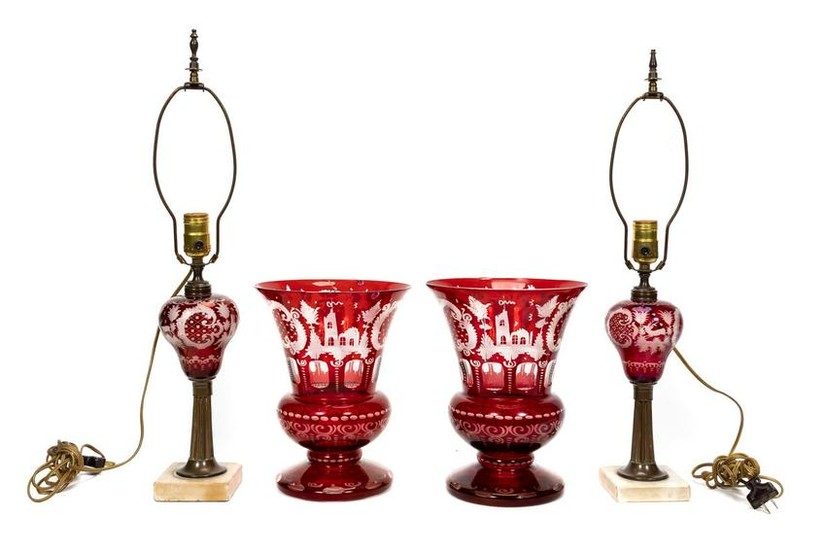 PR., EGERMANN STYLE RUBY LAMPS AND URNS, 20TH C.