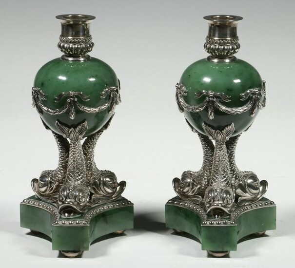 PR RUSSIAN SILVER AND NEPHRITE CANDLEHOLDERS