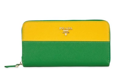 PRADA YELLOW AND GREEN SAFFIANO LEATHER LONG WALLET Condition grade A. 20cm long, 10cm high. Ye...