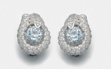 Pair of representative aquamarine earclips with diamonds