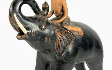 Painted Terracotta Figure Of An Elephant & Rider