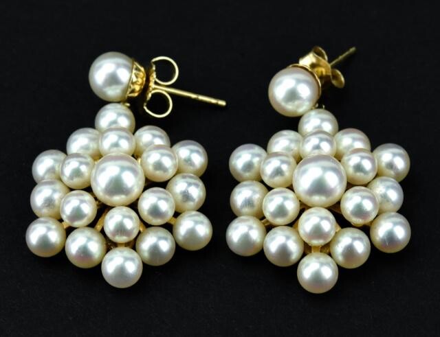 Pair 14K Gold & Cultured Pearl Pendant Earrings