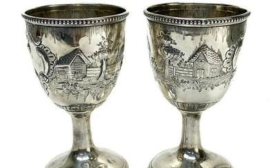 Pair American Coin Silver Repousse Wine Goblets