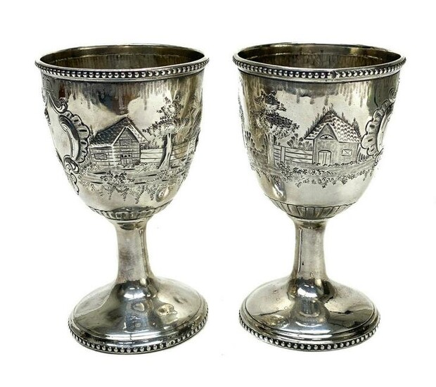 Pair American Coin Silver Repousse Wine Goblets