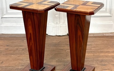 Pair Art Deco Inlaid Exotic Wood Pedestals