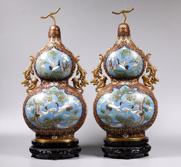 Pair Chinese Cloisonne & Gilt Bronze Gourd Vases