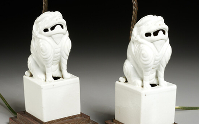 Pair Chinese porcelain foo lions mounted as lamps