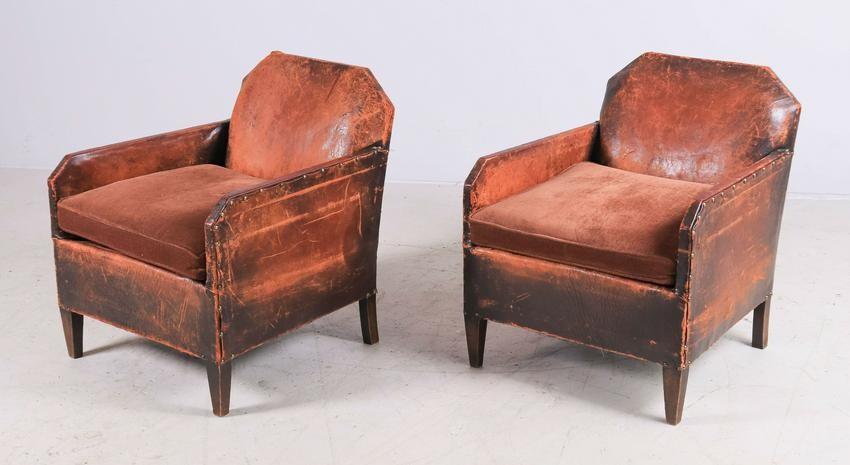 Pair Custom leather and upholstered lounge chairs