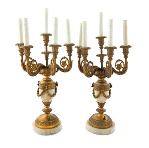 Pair French-style gilt bronze mounted marble candelabra (2pcs)