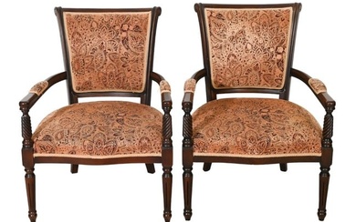 Pair Louis XVI Style Carved Upholstered Armchairs