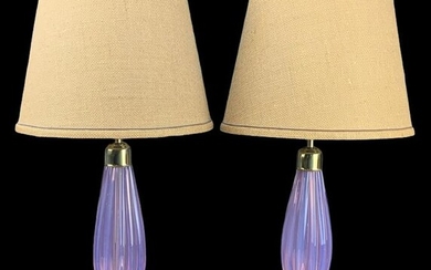 Pair Modernist Pink Ribbed Art Glass Murano Lamps